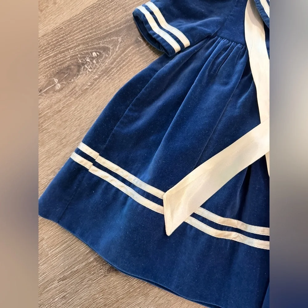 vintage blue velour sailor dress with white piping trim
